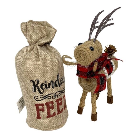 Christmas Reindeer Feed Sack Buffalo Check Set Rustic Farmhouse Holiday Decor - Picture 7 of 11